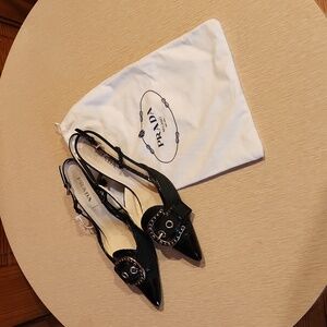 Prada buckle kitten heel sling back pumps